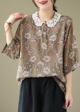 Load image into Gallery viewer, Women Coffee Peter Pan Collar Print Cotton Shirt Summer