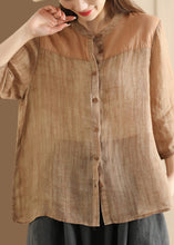 Load image into Gallery viewer, Women Coffee Stand Collar Button Patchwork Linen Shirts Summer