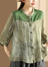 Load image into Gallery viewer, Women Coffee Stand Collar Button Patchwork Linen Shirts Summer