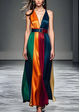 Load image into Gallery viewer, Women Colorblock V Neck Tie Waist Silk Long Dress Sleeveless