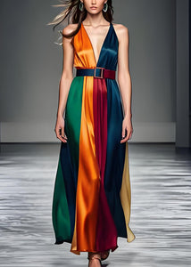 Women Colorblock V Neck Tie Waist Silk Long Dress Sleeveless