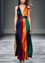 Load image into Gallery viewer, Women Colorblock V Neck Tie Waist Silk Long Dress Sleeveless