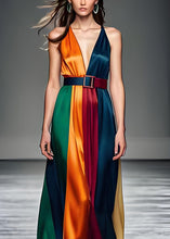 Load image into Gallery viewer, Women Colorblock V Neck Tie Waist Silk Long Dress Sleeveless