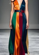 Load image into Gallery viewer, Women Colorblock V Neck Tie Waist Silk Long Dress Sleeveless