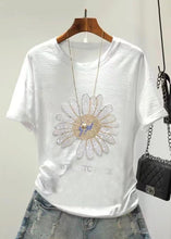 Load image into Gallery viewer, Women Daisy Zircon O Neck Cotton T Shirts Summer