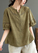 Load image into Gallery viewer, Women Dark Green Hollow Out Embroidered Cotton T Shirt Top