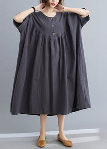 Women Dark Grey Patchwork Button Long Dresses Short Sleeve