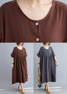 Women Dark Grey Patchwork Button Long Dresses Short Sleeve