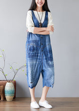 Load image into Gallery viewer, Women Denim Blue V Neck Print Cotton Jumpsuits Ripped Jeans Spring