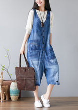 Load image into Gallery viewer, Women Denim Blue V Neck Print Cotton Jumpsuits Ripped Jeans Spring