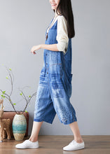 Load image into Gallery viewer, Women Denim Blue V Neck Print Cotton Jumpsuits Ripped Jeans Spring