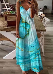 Women Feather Print V Neck Cotton Long Dresses Sleeveless