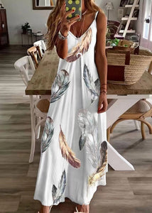 Women Feather Print V Neck Cotton Long Dresses Sleeveless