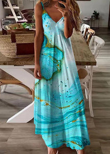 Women Feather Print V Neck Cotton Long Dresses Sleeveless