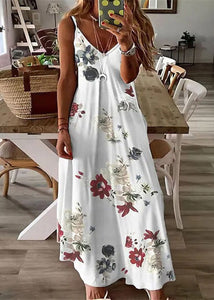 Women Feather Print V Neck Cotton Long Dresses Sleeveless