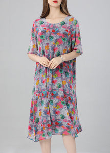 Women Floral O Neck Print Patchwork Chiffon Dress Summer