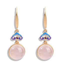 Women Gold Copper Overgild Auspicious Clouds Chalcedony Drop Earrings