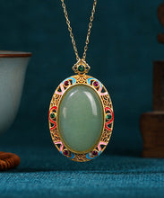 Load image into Gallery viewer, Women Gold Copper Overgild Jade Enamel Auspicious Clouds Pendant Necklace