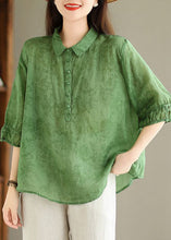 Load image into Gallery viewer, Women Green Button Print Linen Shirt Summer