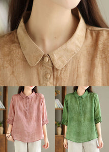 Women Green Button Print Linen Shirt Summer