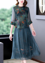 Load image into Gallery viewer, Women Green Embroidered Button Silk Shirts And Maxi Skirts Two Pieces Set Half Sleeve