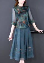 Load image into Gallery viewer, Women Green Embroidered Button Silk Shirts And Maxi Skirts Two Pieces Set Half Sleeve