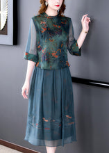 Load image into Gallery viewer, Women Green Embroidered Button Silk Shirts And Maxi Skirts Two Pieces Set Half Sleeve