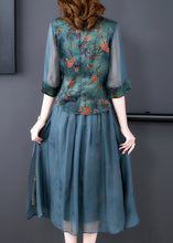 Load image into Gallery viewer, Women Green Embroidered Button Silk Shirts And Maxi Skirts Two Pieces Set Half Sleeve