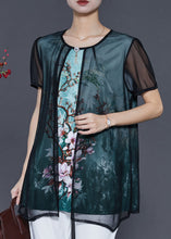 Load image into Gallery viewer, Women Green Flower Tulle Fake Two Piece Shirt Tops Summer