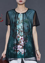 Load image into Gallery viewer, Women Green Flower Tulle Fake Two Piece Shirt Tops Summer