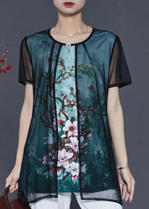 Women Green Flower Tulle Fake Two Piece Shirt Tops Summer