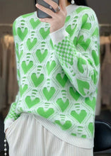 Load image into Gallery viewer, Women Green O Neck Patchwork Cashmere Knit Top Long Sleeve