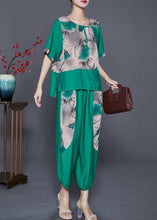 Load image into Gallery viewer, Women Green O-Neck Patchwork Tassel Linen Two Pieces Set Summer