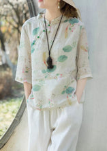 Load image into Gallery viewer, Women Green Print Stand Collar Button Linen Shirt Half Sleeve