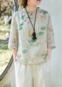 Women Green Print Stand Collar Button Linen Shirt Half Sleeve