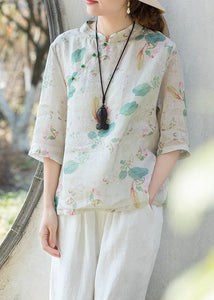 Women Green Print Stand Collar Button Linen Shirt Half Sleeve