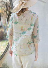 Load image into Gallery viewer, Women Green Print Stand Collar Button Linen Shirt Half Sleeve