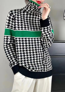 Women Green Turtleneck Patchwork Cotton Knit Sweaters Fall