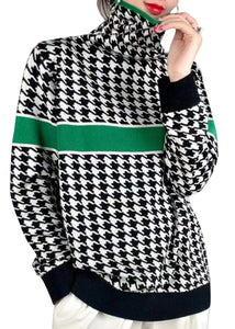 Women Green Turtleneck Patchwork Cotton Knit Sweaters Fall