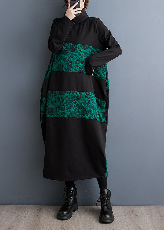 Women Green Turtleneck Patchwork Print Pockets Maxi Dresses Fall