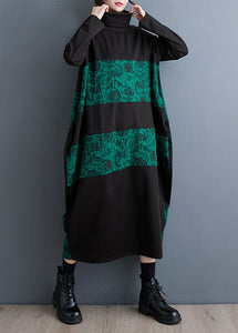 Women Green Turtleneck Patchwork Print Pockets Maxi Dresses Fall