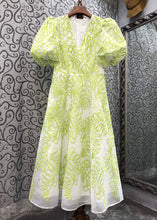 Load image into Gallery viewer, Women Green V Neck Embroidered Cotton Mid Dress Summer