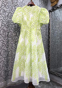 Women Green V Neck Embroidered Cotton Mid Dress Summer