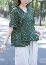 Load image into Gallery viewer, Women Green V Neck Print Patchwork Linen Blouses Summer