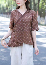 Load image into Gallery viewer, Women Green V Neck Print Patchwork Linen Blouses Summer