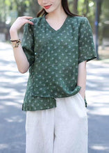 Load image into Gallery viewer, Women Green V Neck Print Patchwork Linen Blouses Summer