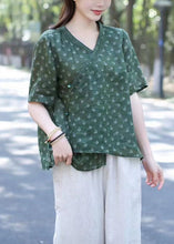 Load image into Gallery viewer, Women Green V Neck Print Patchwork Linen Blouses Summer