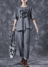 Load image into Gallery viewer, Women Grey Asymmetrical Patchwork Applique Cotton Two Pieces Set Summer