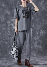 Load image into Gallery viewer, Women Grey Asymmetrical Patchwork Applique Cotton Two Pieces Set Summer