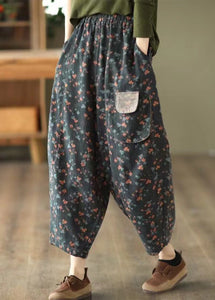 Women Grey Black Pockets Print Elastic Waist Linen Pants Spring